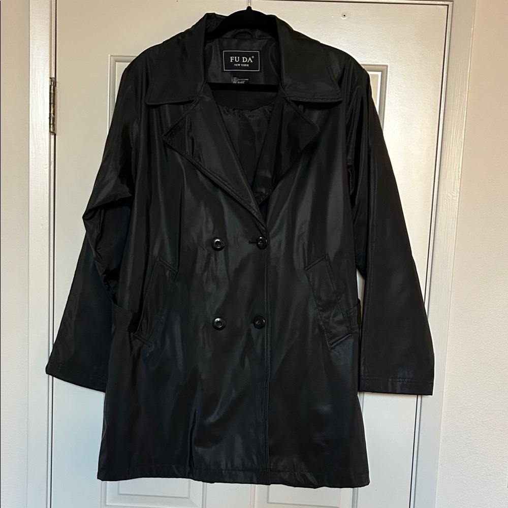 FU DA button-belted trench rain‎ coat mid length in jet black Women’s Size XL